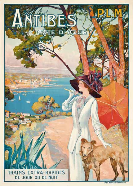 Poster advertising travel to the Antibes, Cote d'Azur, with the French railway company P.L.M od David Dellepiane