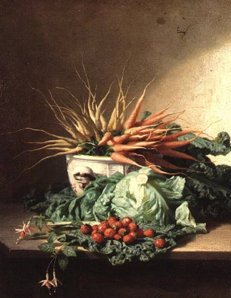 Still Life of Strawberries, Carrots and Cabbage od David Emil Joseph de Noter