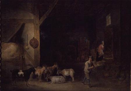 Barn with goats and a boy playing the recorder od David Teniers
