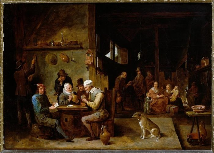 A Farmhouse Interior with Peasants at a Table Playing Cards od David Teniers