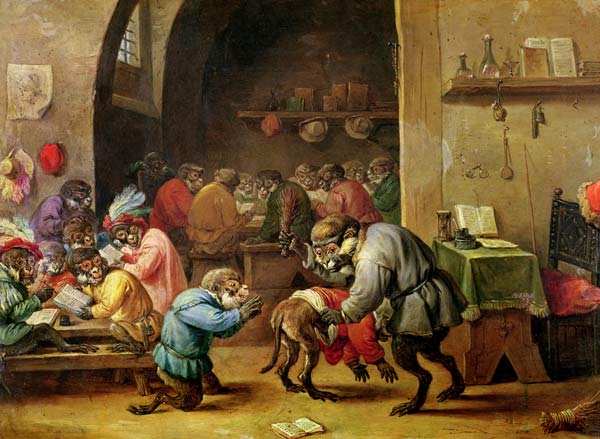 The Monkeys at School (oil on copper) od David the Younger Teniers