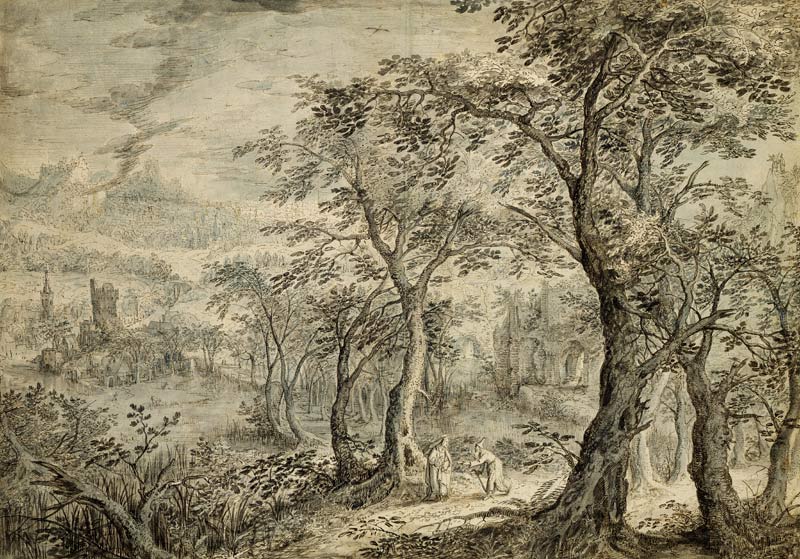 Wooded Landscape with the Temptation of Christ (pen and grey ink, brush and w/c on od David Vinckboons