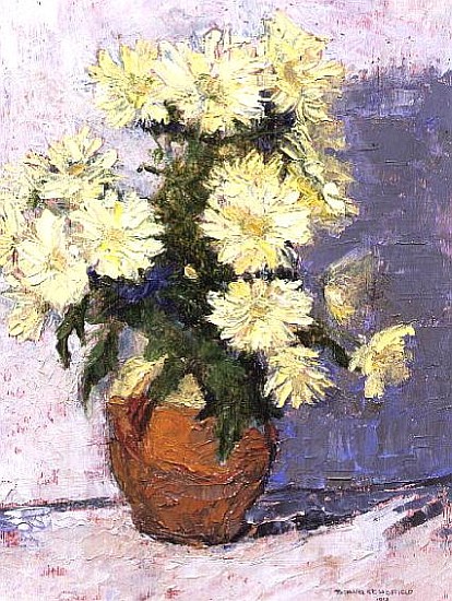 Small Chrysanthemums in a red jug, 1993 (board)  od Diana  Schofield