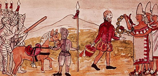 Fol.208v Meeting of Hernando Cortes (1485-1547) and Montezuma (1466-1520), miniature from the ''Hist od Diego Duran