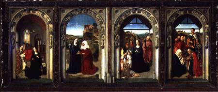 Triptych showing the Annunciation, the Visitation, the Adoration of the Angels and the Adoration of od Dieric Bouts d. Ä.