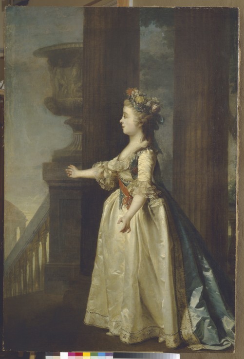Portrait of Grand Duchess Alexandra Pavlovna (1783-1801) before the Cameron Gallery in Tsarskoye Sel od Dimitrij Grigorjewitsch Lewizkij