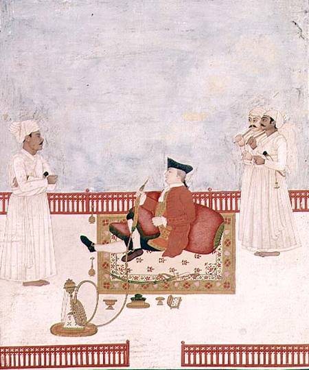 A European Seated on a Terrace with Attendants od Dip Chand