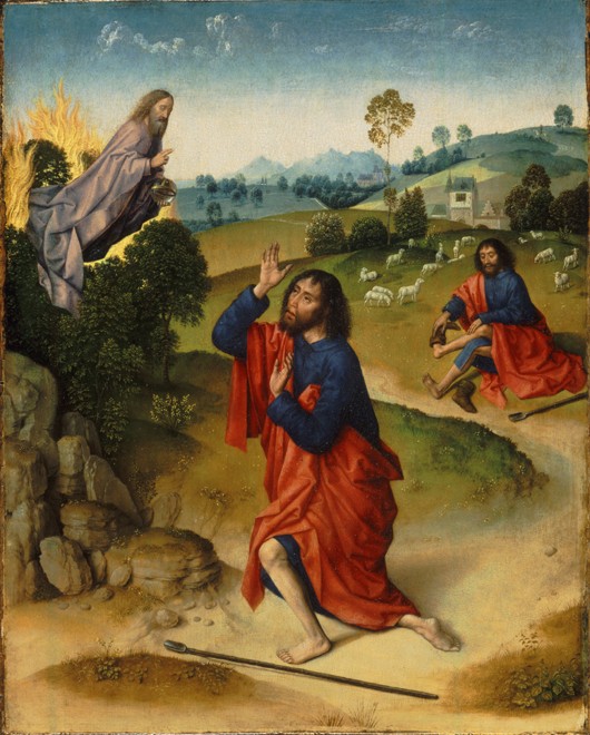 Moses and the Burning Bush, with Moses Removing His Shoes od Dirck Bouts