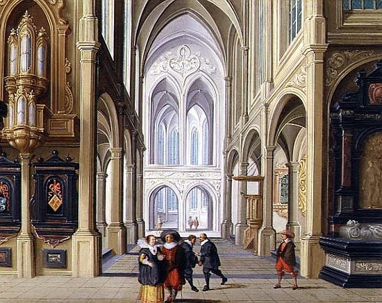 Elegant Figures in a Gothic Church, 17th century 99;interior; ecclesiatical; architecture; architect od Dirck van Deelen