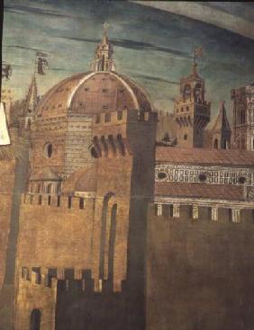 Detail depicting Florence Cathedral, from a fresco of Dante with the 'Divinia Commedia' in the north