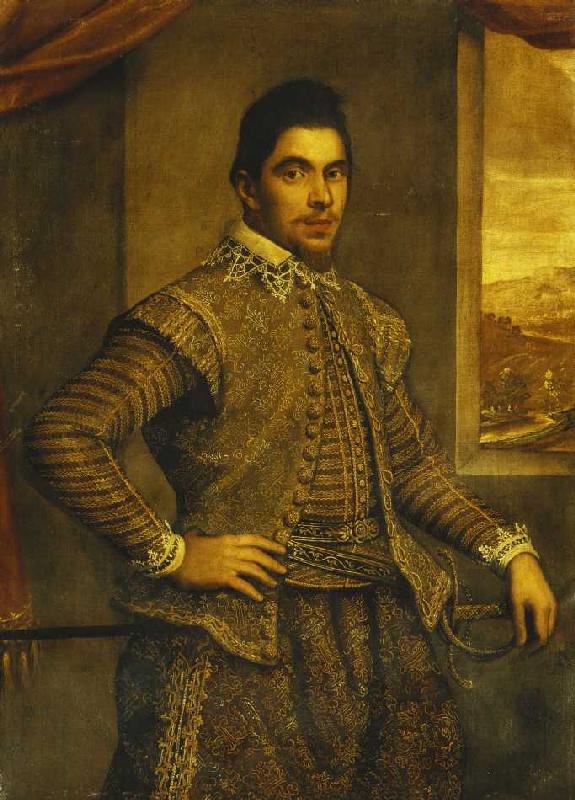 Bildnis eines Gentleman in besticktem Kostüm vor Landschaft. od Domenico Tintoretto