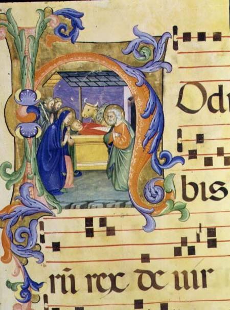 Ms 571 f.6r Historiated initial 'H' depicting the Nativity from an antiphon illuminated by Don Simon od Don Simone Camaldolese