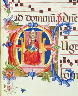 Ms 572 f.125r Historiated initial 'E' depicting St. Peter as the first bishop of Rome from an antiph od Don Simone Camaldolese