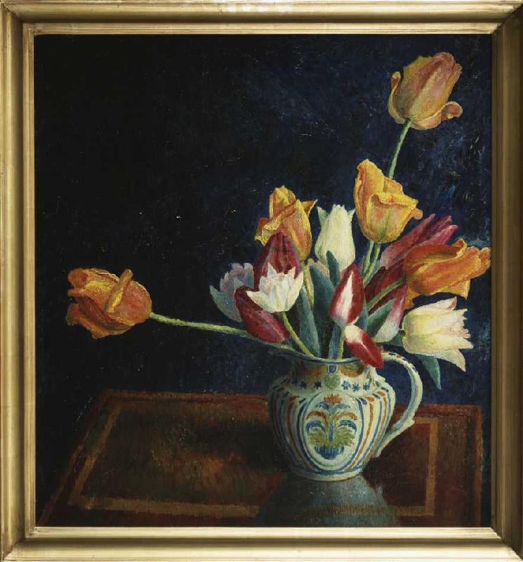 Tulpen in einem bemalten Krug. od Dora Carrington