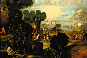 Landscape with scenes from the life of saints od Dosso Dossi