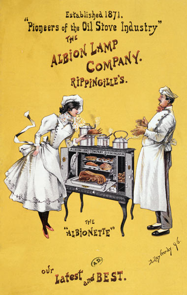 Advertisement for 'The Albionette' oven, manufactured by 'The Albion Lamp Company' od Dudley Hardy