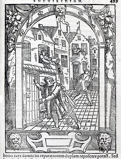Emptying the Chamber Pots, illustration from ''Praxis rerum criminalium'' Joose de Damhouder od Dutch School