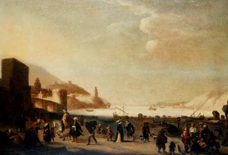 A port with street vendors and peasants in the foreground (panel) od Dutch School