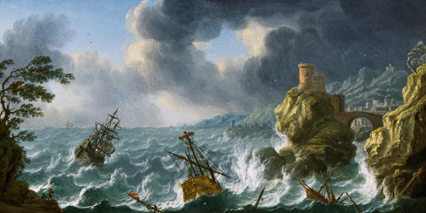 Shipwreck in a storm off a rocky coast od Dutch School