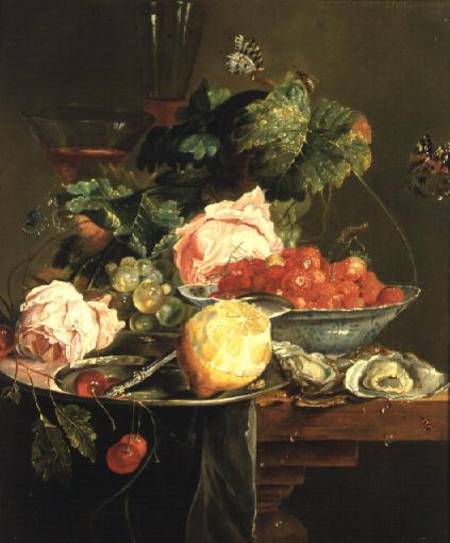 Still Life of Roses, Oysters, Strawberries in a Porcelain Bowl and Other Fruits on Pewter Ware od Dutch School
