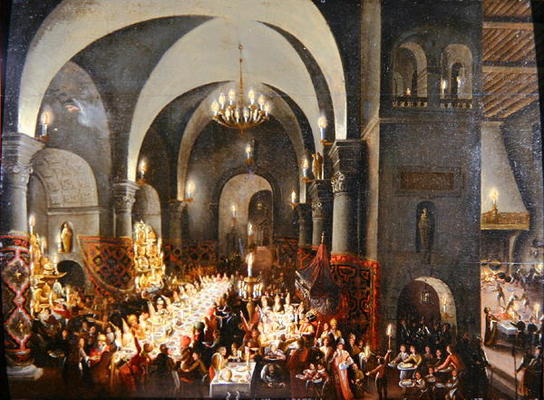 Belshazzar's Feast showing the hand of God writing the words 'Mane, Tekel, Phares' (oil on canvas) od Dutch School, (17th century)