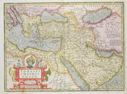 Map of the Turkish Empire, from the Mercator 'Atlas' pub. by Jodocus Hondius (1563-1612) Amsterdam, od Dutch School, (17th century)