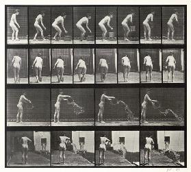 Woman throwing a bucket of water, plate 401 from ''Animal Locomotion'', 1887 (b/w photo) 