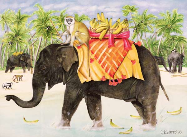 Elephants with Bananas, 1998 (acrylic on canvas)  od E.B.  Watts