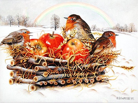 Robins with Apples, 1997 (acrylic on canvas)  od E.B.  Watts
