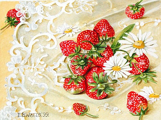 Strawberries on Lace, 1999 (acrylic on paper)  od E.B.  Watts