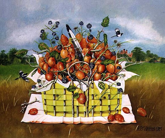 Yellow Basket with Crab Apples, 1995 (acrylic)  od E.B.  Watts