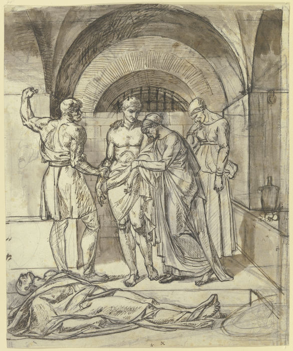 Zwei Frauen und zwei Männer bei einer Leiche im Gefängnis od Eberhard von Wächter