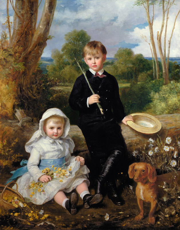 Portrait of a Brother and Sister with their Pet Dog in a Wooded Landscape od Eden Upton Eddis