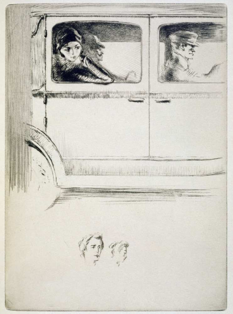 A couple in a chauffeur driven car, illustration for Mitsou by Sidonie-Gabrielle Colette od Edgar Chahine