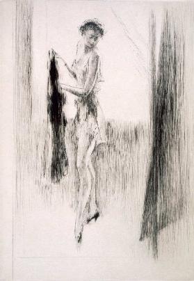 A woman dressing in front of a mirror, illustration for Mitsou by Sidonie-Gabrielle Colette