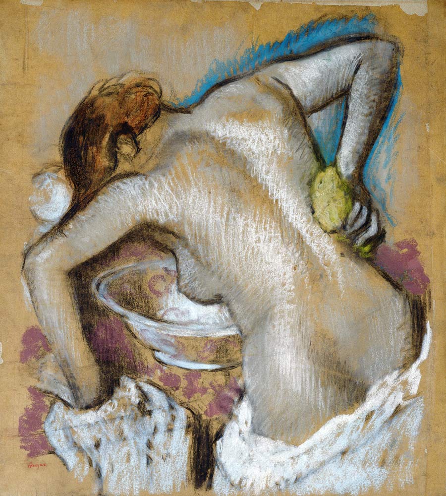 Frau, ihren Rücken mit einem Schwamm waschend od Edgar Degas