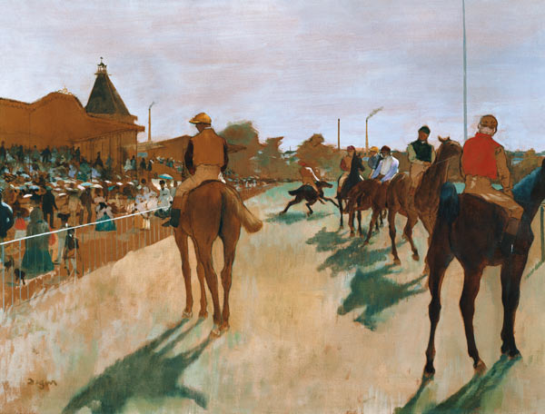 Racehorses in front of the platforms od Edgar Degas