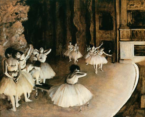 Dress rehearsal of the ballet on the stage od Edgar Degas