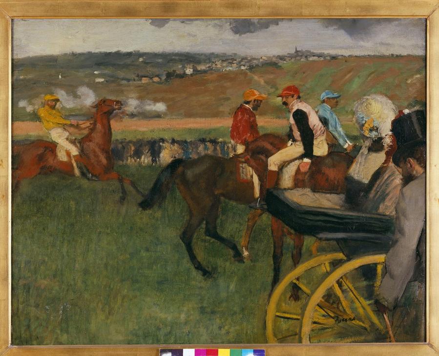 Le champ de courses. Jockeys amateurs pres d’une voiture od Edgar Degas