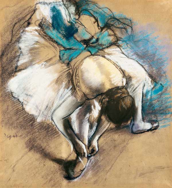 Dancer when lacing the ballet shoes up od Edgar Degas