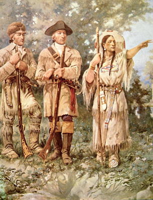 Lewis and Clark with Sacagawea (colour litho) (detail) od Edgar Samuel Paxson