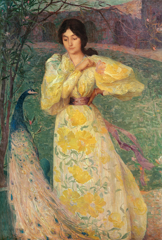 Young Girl with a Peacock (oil on canvas) od Edmond-Francois Aman-Jean