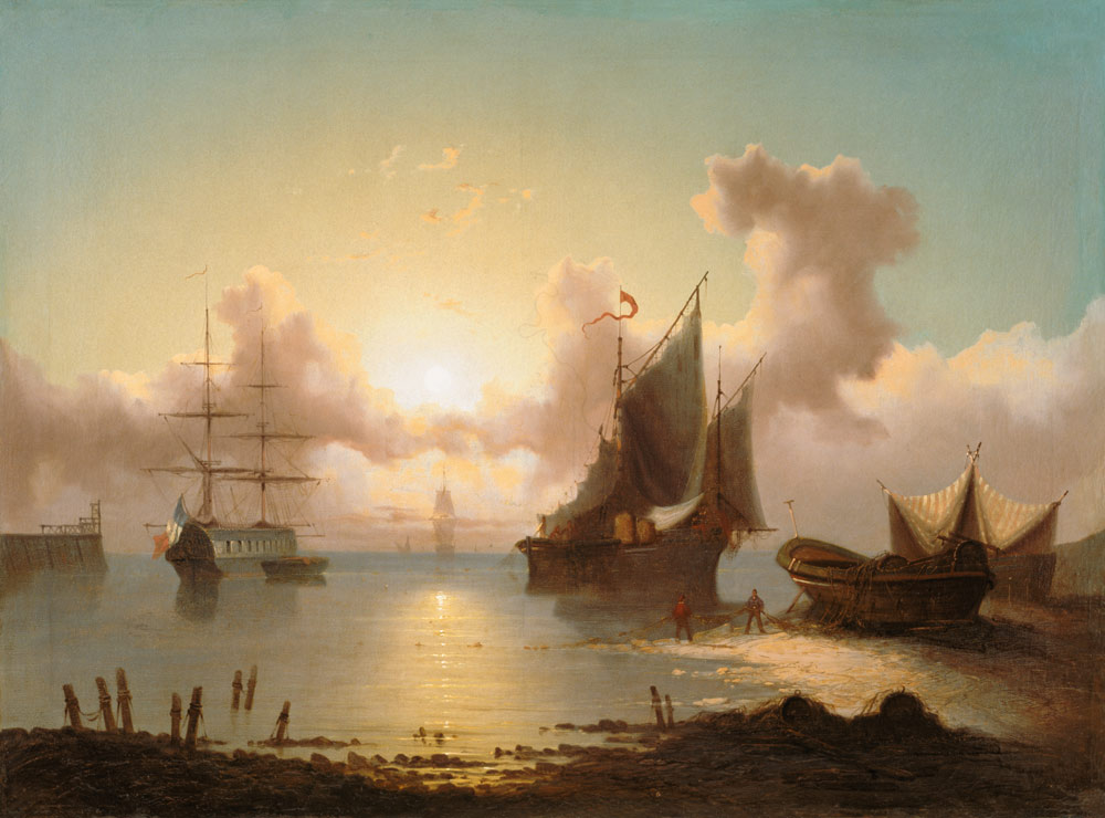 Sailing ships with sunset and fisherman when retracting a net. od Eduard Agricola