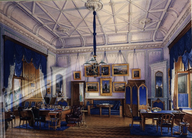 The blue Study room of Emperor Alexander II in the Farm Palace in Peterhof od Eduard Hau