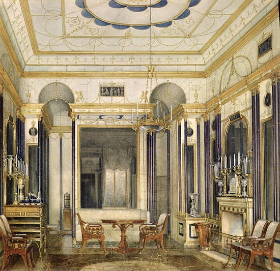 The Drawing Room of the Empress Maria Alexandrovna in the Great Palais in Tsarskoye Selo (w/c, gouac od Eduard Hau