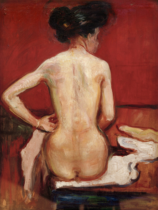 Back View of Sitting Female Nude with Red Background od Edvard Munch