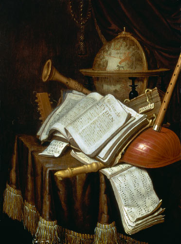Vanitas with a globe, musical scores and instruments od Edwaert Colyer or Collier