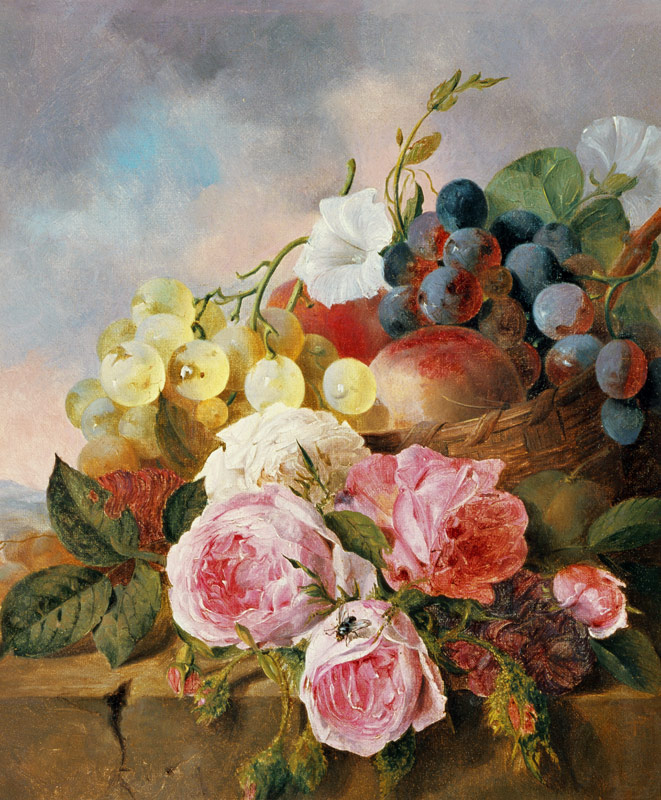 Still life of fruit and roses on a ledge od Edward Ladell