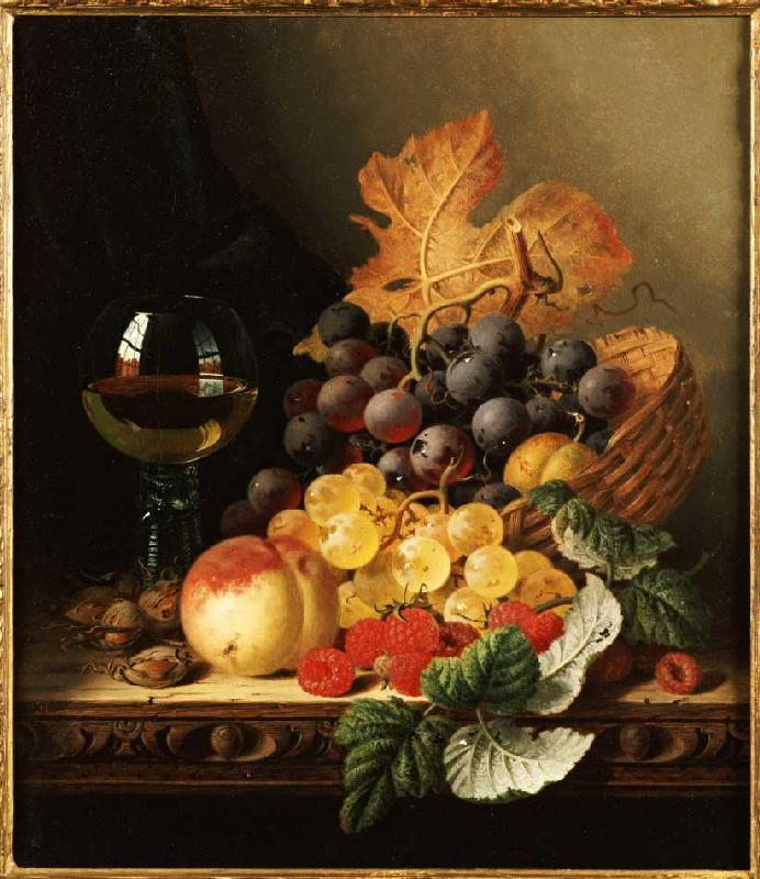 Ein Korb mit Weintrauben, Himbeeren, einem Pfirsich und einem Glas Wein. od Edward Ladell