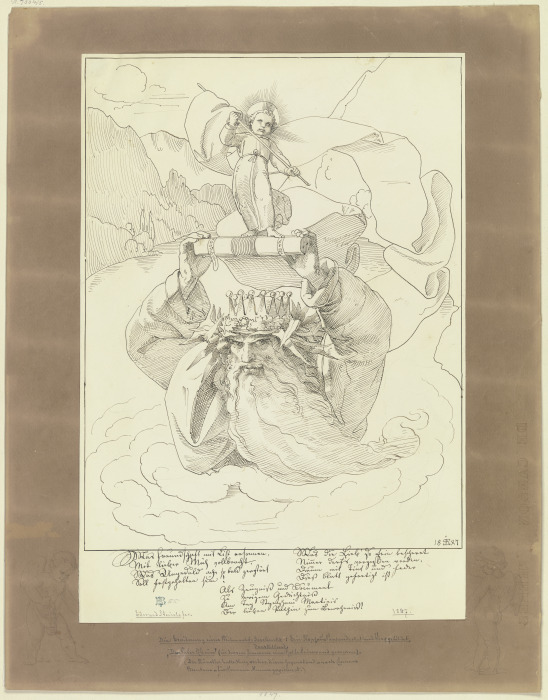 Brauner Montierungsbogen mit zwei das Hauptblatt rahmenden Putten an den unteren Ecken od Edward von Steinle